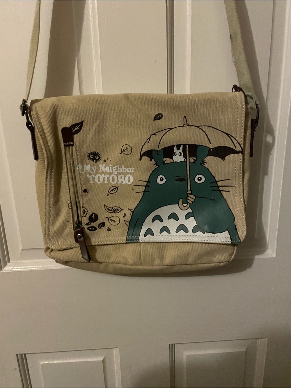Beige Canvas Crossbody Bag with Totoro Print